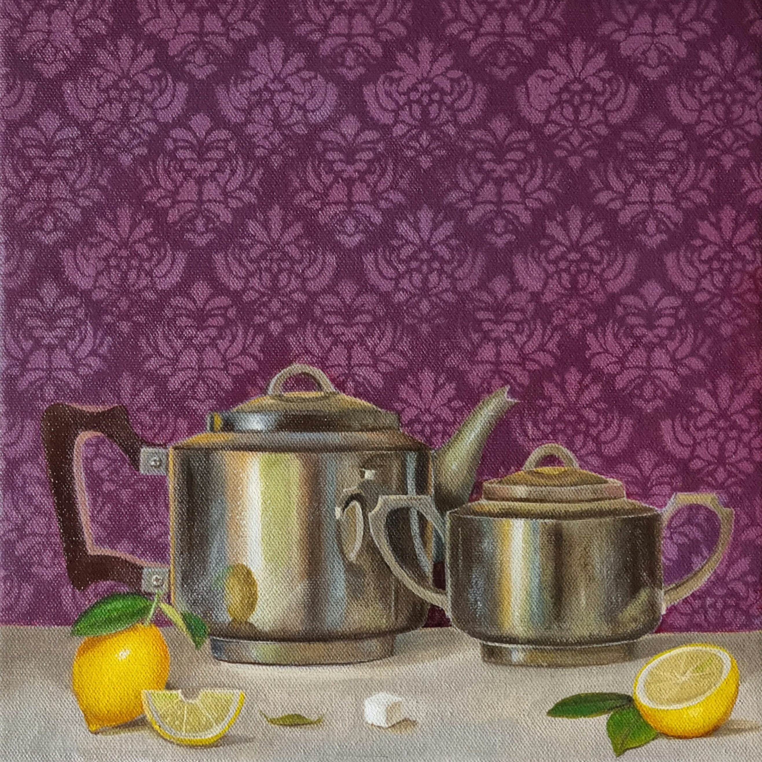 Photorealistic Still Life Oil Painting By Priyanka Singh, 12 X 12", Lemon Tea, Original Artwork