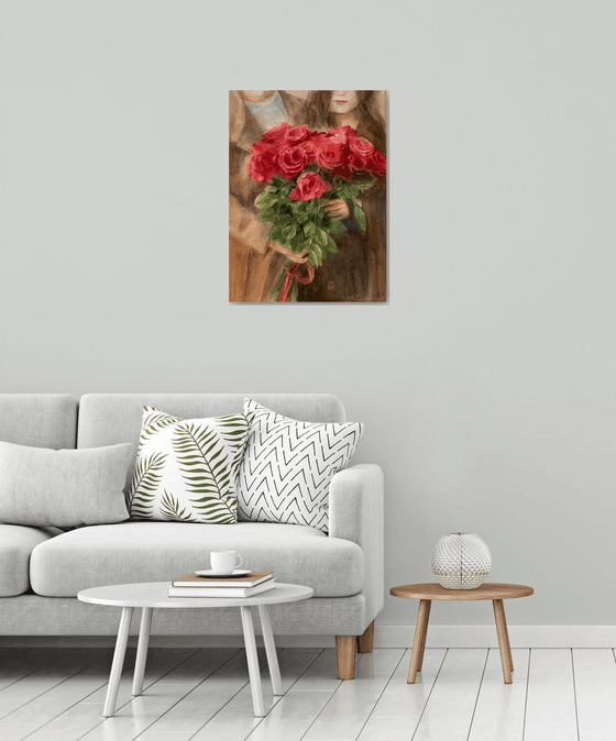 Date Red Roses Lovers Original Watercolor Painting large size Christmas gift Anniversary