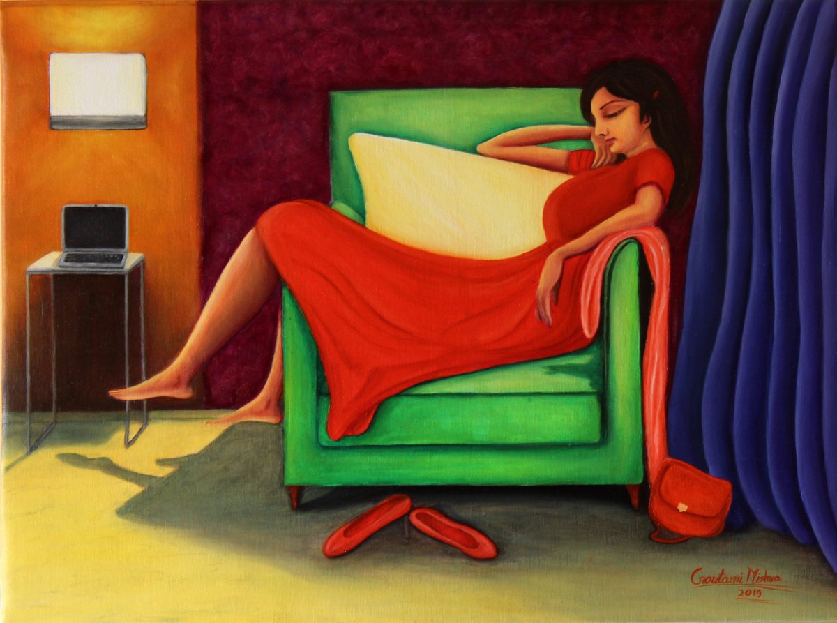 Relaxed - Woman in red relaxing on sofa by Goutami Mishra