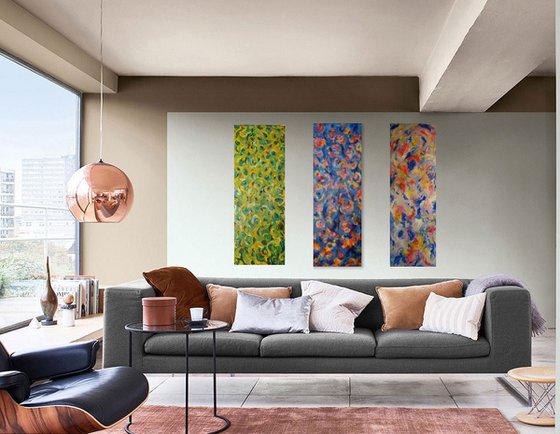 Abstract Triptych  Painting - Imagination Game Abstract Panel - Large Size - Acrylic Painting - Interior Art