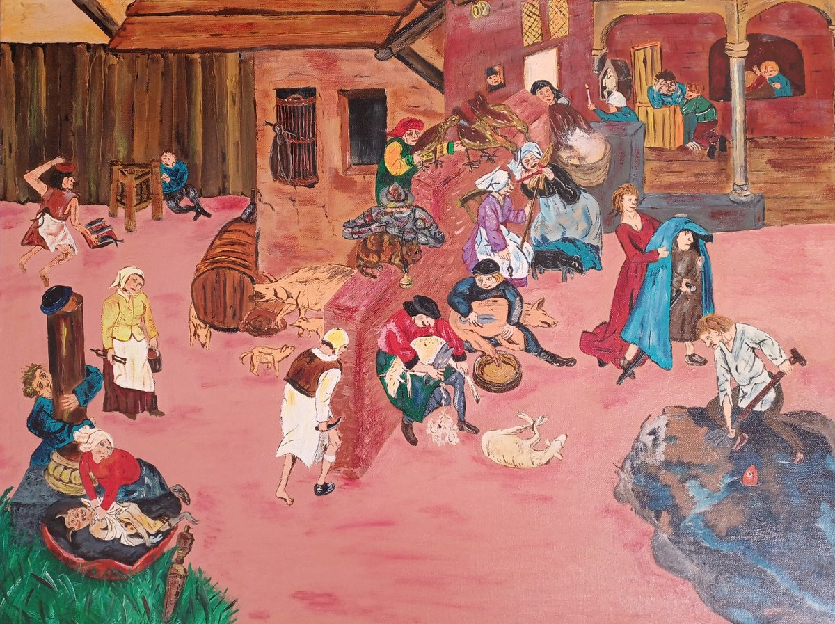 Naive Portrait Oil Painting By Corinne Hamer, 32 X 24, The Netherlandish Proverbs, Original Artwork