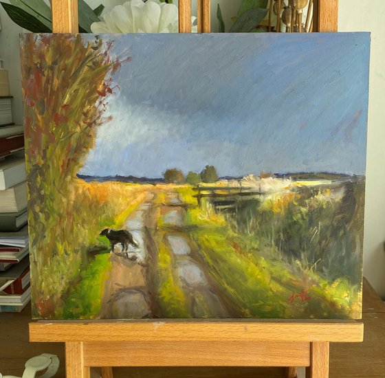 Impressionist English countryside with dog landscape.