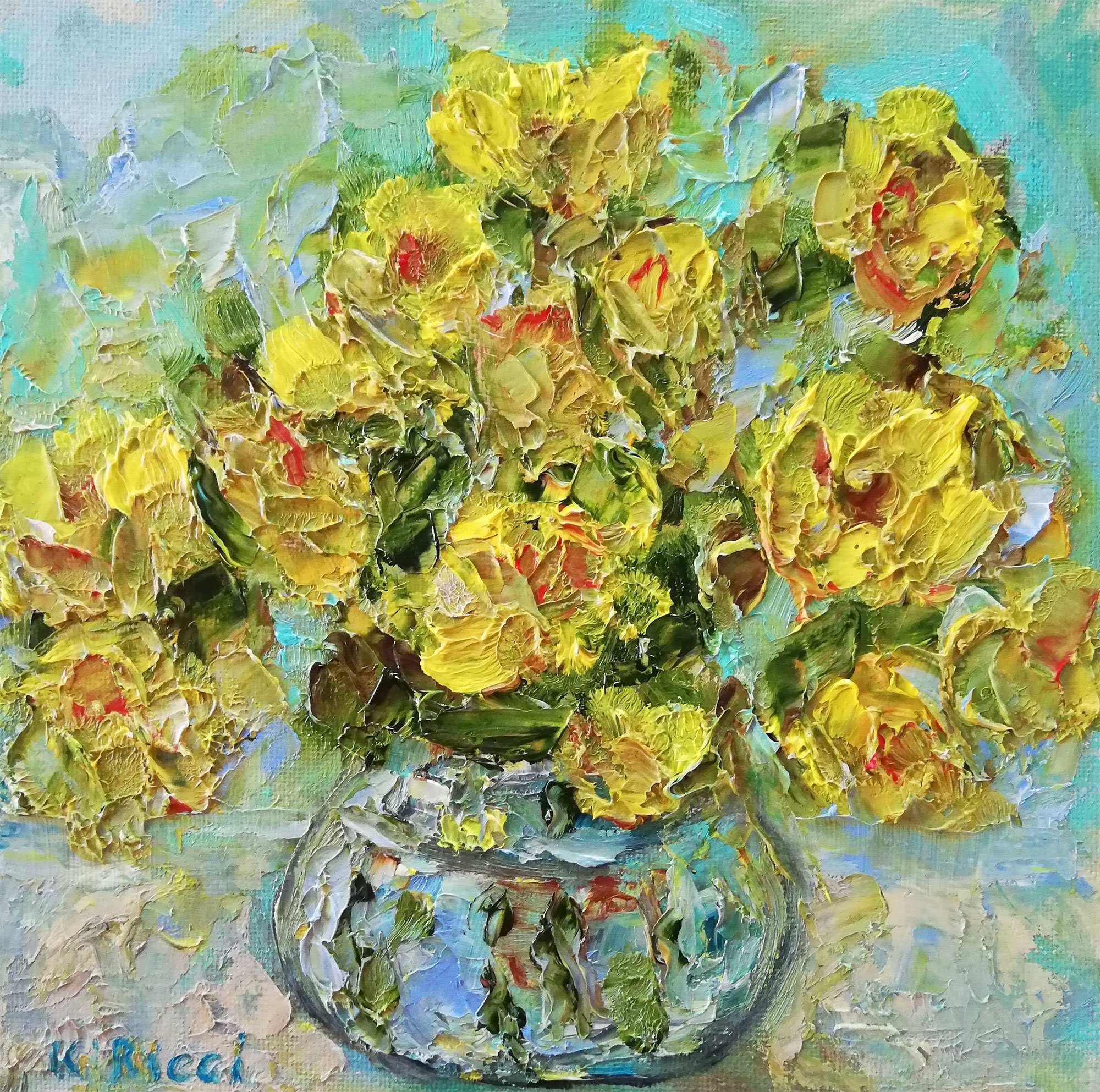 Impressionistic Botanical Oil Painting By Katia Ricci, 8 X 8", Yellow Flowers In Vase, Original Artwork