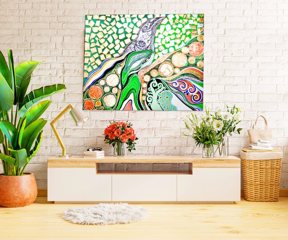 Forest bird - green large abstract painting