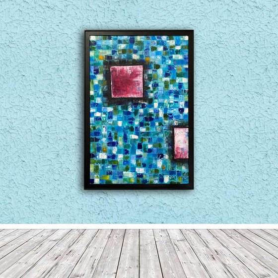 "Mosaic Squared" - Original Highly Textured PMS Abstract Oil Painting On Wood, Framed - 26" x 38"