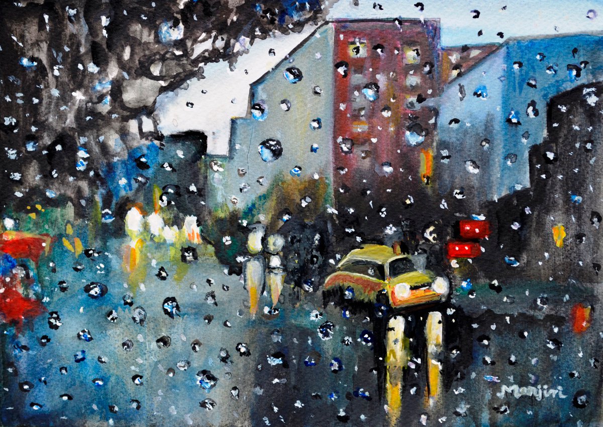 Long Drive in Rain romantic watercolor painting by Manjiri Kanvinde