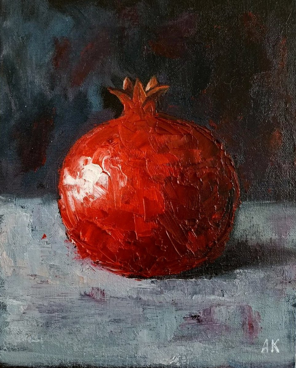 Expressive Still Life Oil Painting By Alfia Koral, 8 X 10, Red Pomegranate Passion, Original Artwork
