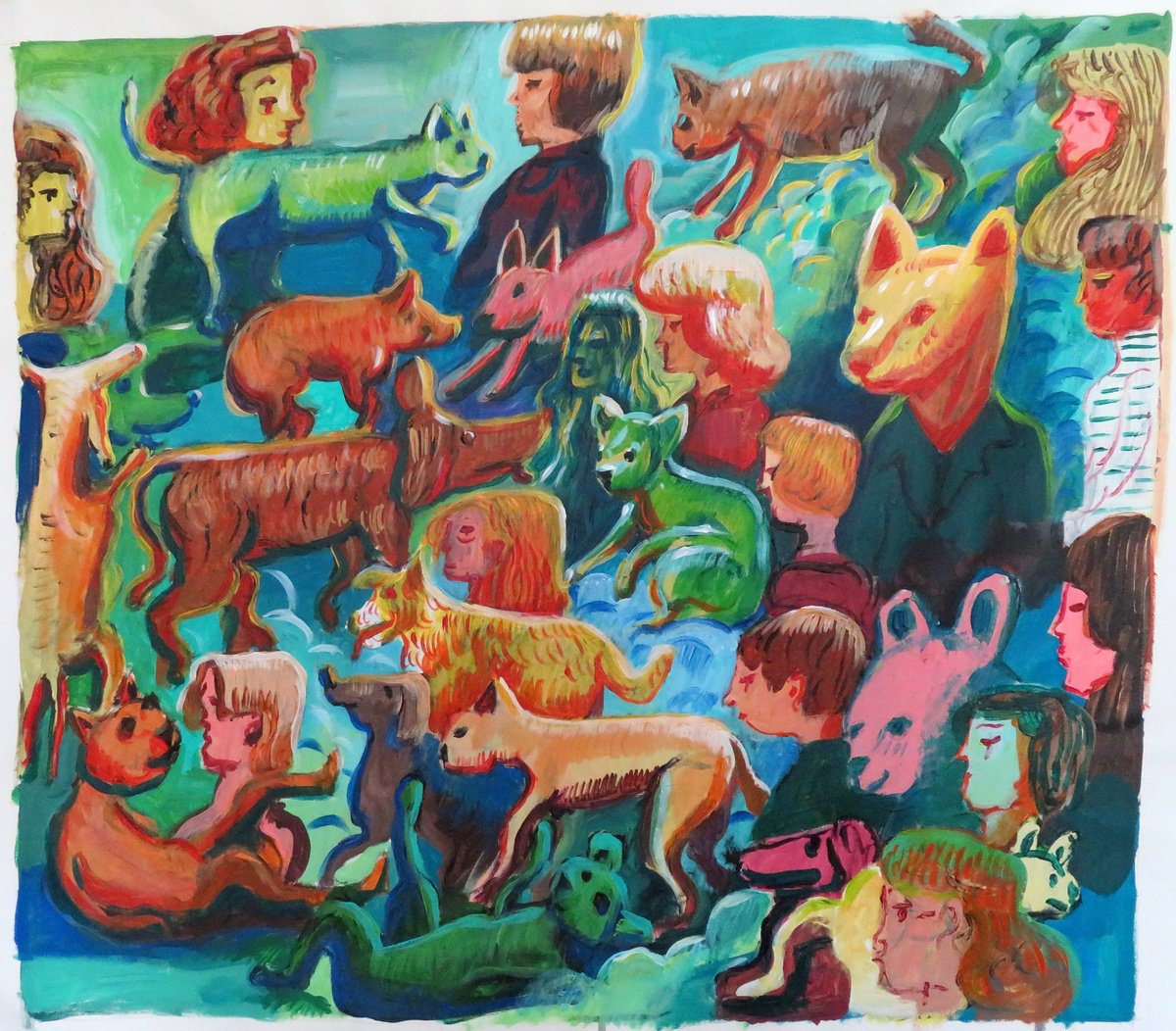 Urban And Pop Animal Acrylic Painting By Stephen Abela, 32 X 28", Dog And Cat, Original Artwork