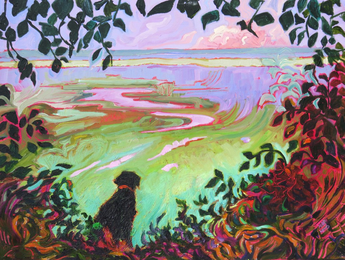 Distant Sea with Black Labrador by Mary Kemp