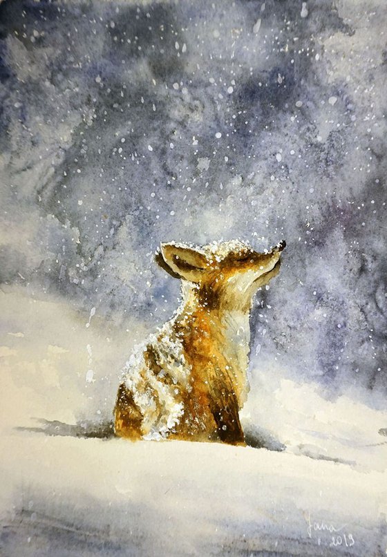 White Fox in Snow ORIGINAL Watercolor Painting, Cute Animal Art Watercolour  by Yana Shvets | Artfinder