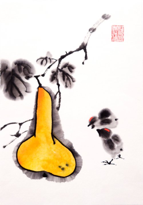 Calabash bottle gourd and chickens - Pumpkin series No. 06 - Oriental Chinese Ink Painting by Ilana Shechter