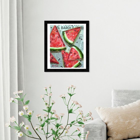 "Watermelon Slices on Newspaper" Original Oil on Canvas Board Painting 7 by 10 inches (18x24 cm)