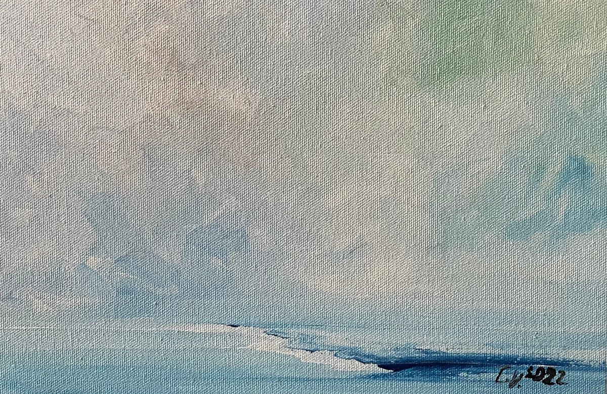 Abstract Landscape Acrylic Painting By Timea Valsami, 13 X 9", Blue Horizon Iii, Original Artwork