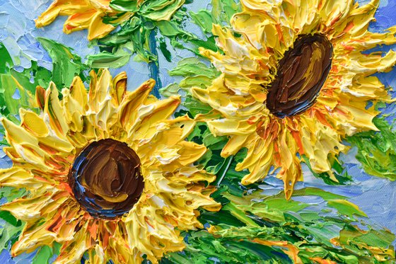 Sunflowers on Blue III - Original Floral Painting on Canvas, Palette Knife  Art, Textured Impasto Artwork Acrylic painting by Olga Tkachyk