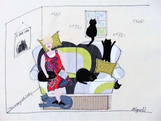 "The crazy cat lady" - textile collage