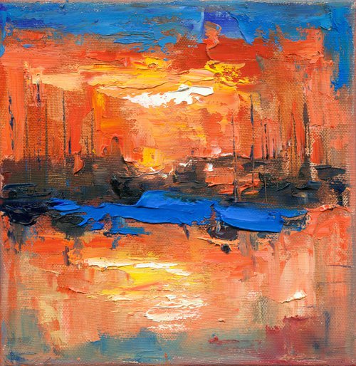 Radical sunset in the bay - yachts and boats in the rays of the summer sun by Anna Miklashevich