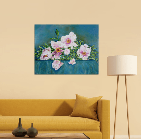 Tree Peonies - Large Original Oil Floral Painting Macro Spring Flowers Home Art Luxury Decor 90x70 cm (35.4x27.6 in)