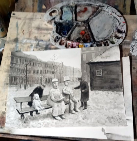 Men bothering some snowmen