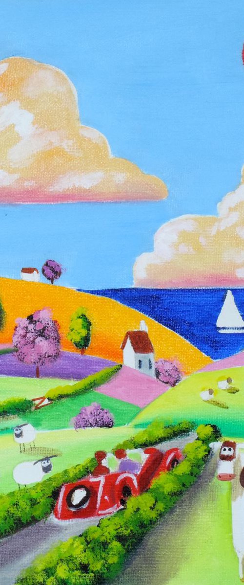Folk art Red car cow & sheep by Gordon Bruce