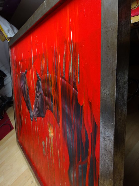 Equine Dreaming - large abstract oil painting in red and black with two black Arabian horses in a poppy field
