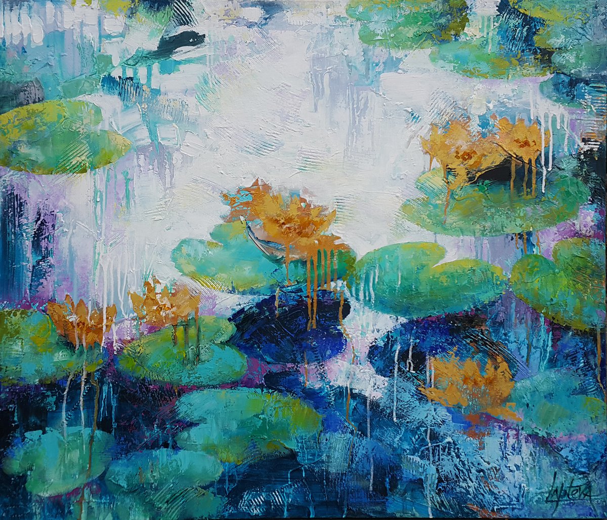 Organic Botanical Oil Painting By Viktoria Lapteva, 39 X 33", Waterlilies, Original Artwork