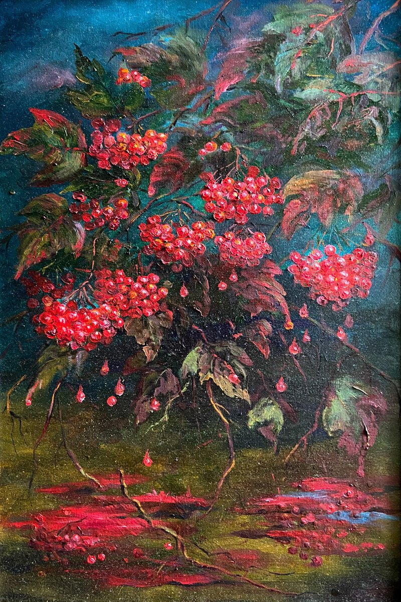 Impressionistic Botanical Oil Painting By Galyna Shevchencko, 17 X 24, Red Viburnum, Original Artwork