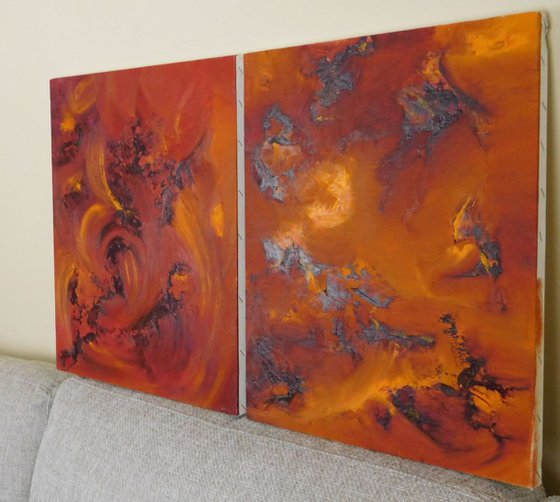 In the moonlight, diptych, two paintings - Original abstract painting, oil on canvas