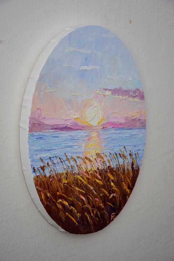 Landscape oval oil painting, sunset seascape wall art, calming decor