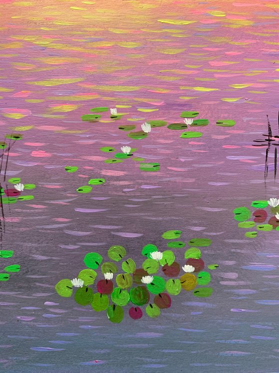 Water lily pond at sunset - 5 ! Painting on paper