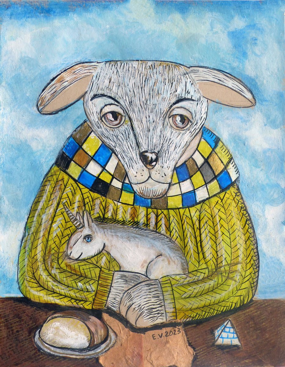 Surrealistic Animal Painting By Elizabeth Vlasova, 11 X 14, Sheep Man With Unicorn #2, Original Artwork