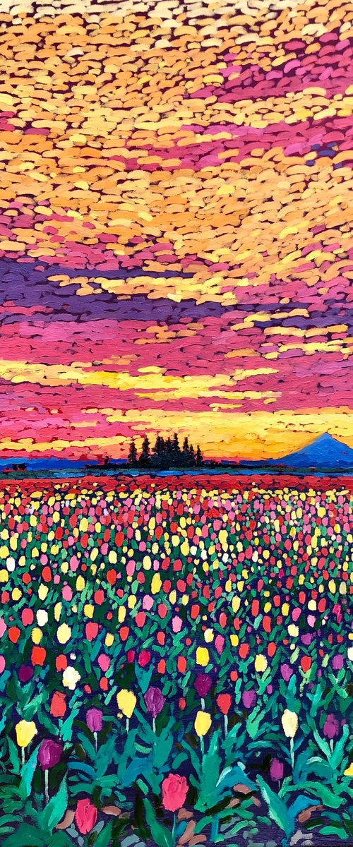Field with tulips. Sunset 90-70cm by Volodymyr Smoliak