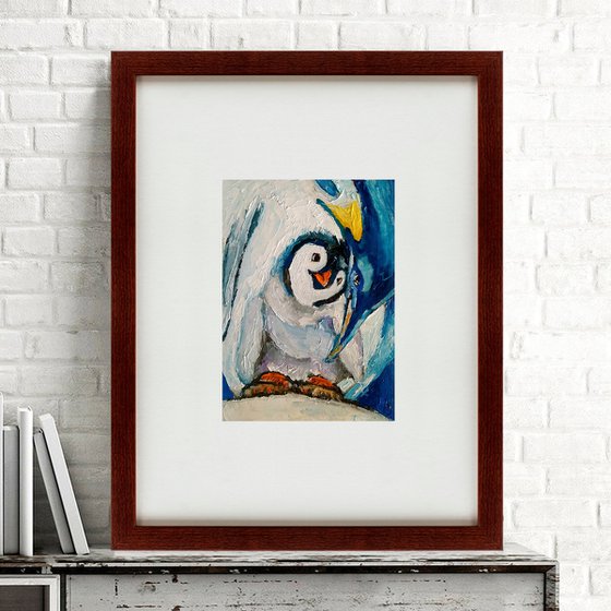 Penguin Painting Bird Original Art Penguin Chick Artwork Snow Wall Art