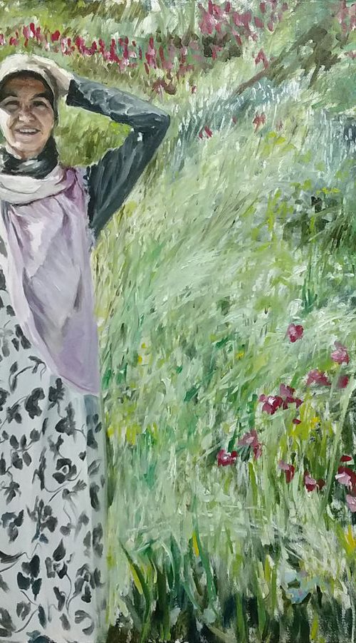 Walking the seaside - figurative painting with woman, grass, wind and summer sunlight by Leonid Plekhanov