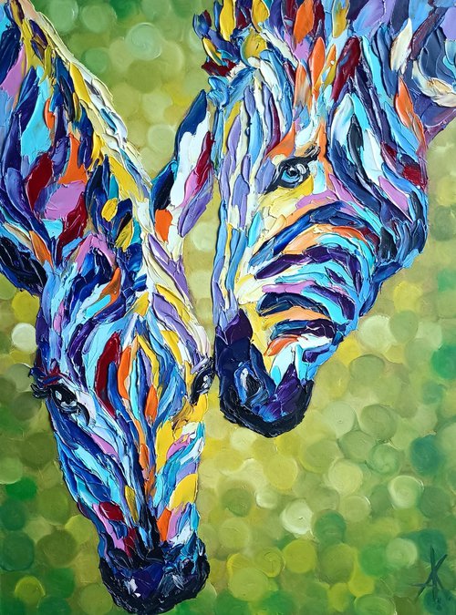 Colored stripes  - zebras, oil painting, love, animals, zebra face, lovers, animal oil painting, gift by Anastasia Kozorez