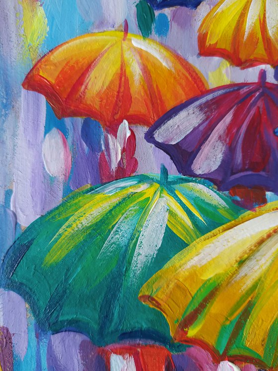Rain in the city - umbrella art, people in the rain, acrylic painting, people art, rain, umbrella, impressionism, gift