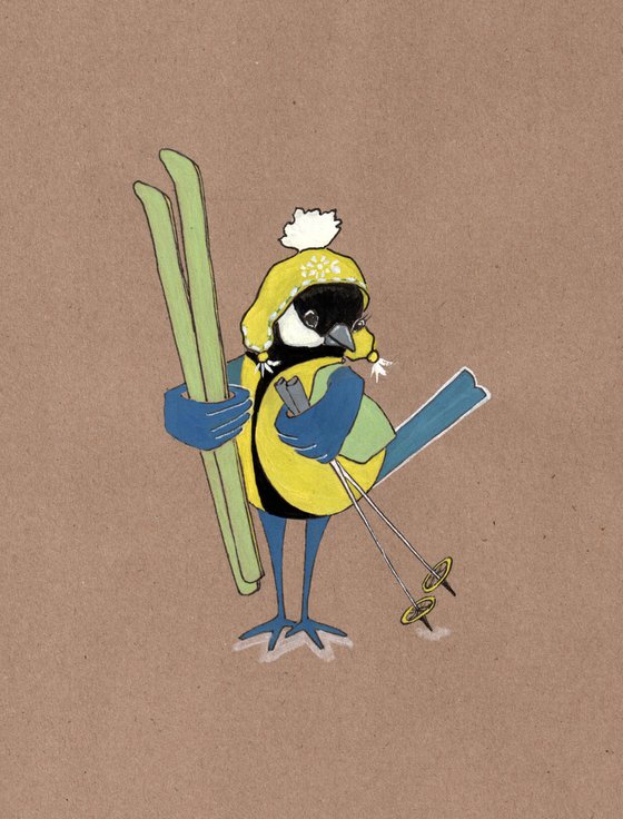 Bird portrait of a titmouse in a sports hat and with skis - Gift idea for bird lover