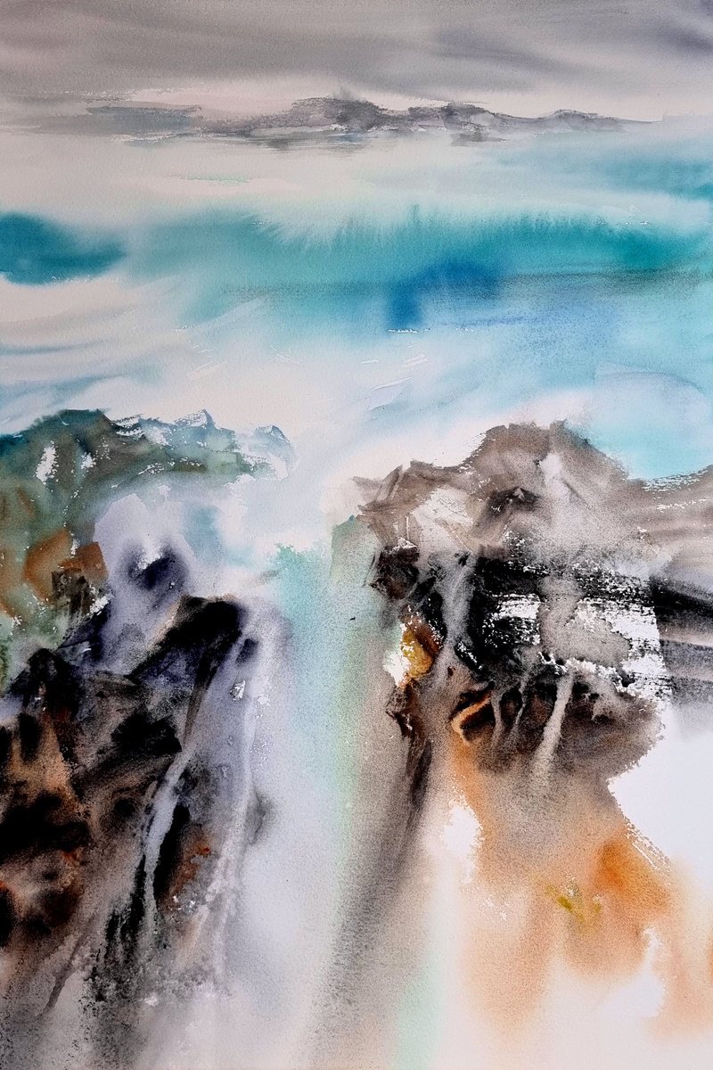 Impressionistic Landscape Watercolour By Elena Genkin, 15 X 22, Frozen Waterfall, Original Artwork