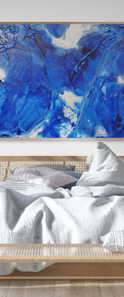 Sapphire Wash 190cm x 100cm Blue Ink Textured Abstract Art by Franko