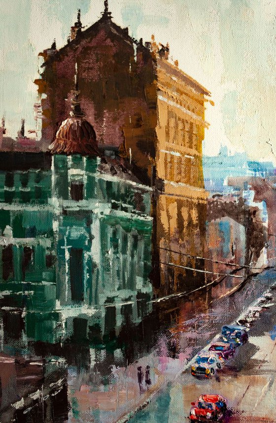 Sunny city , Impressionistic cityscape.