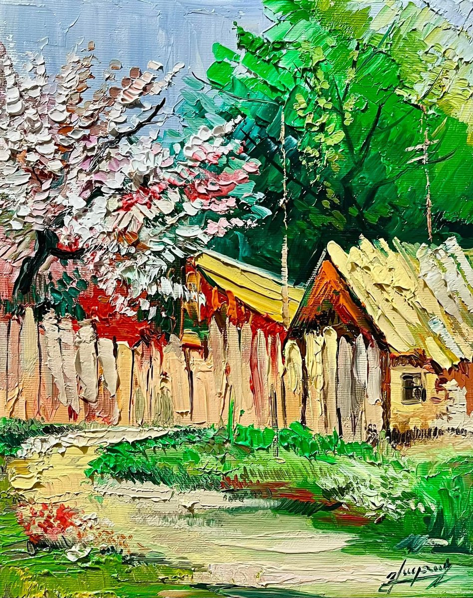 Impressionistic Landscape Oil Painting By Vahe Bagumyan, 9 X 12", Blooming Haven, Original Artwork
