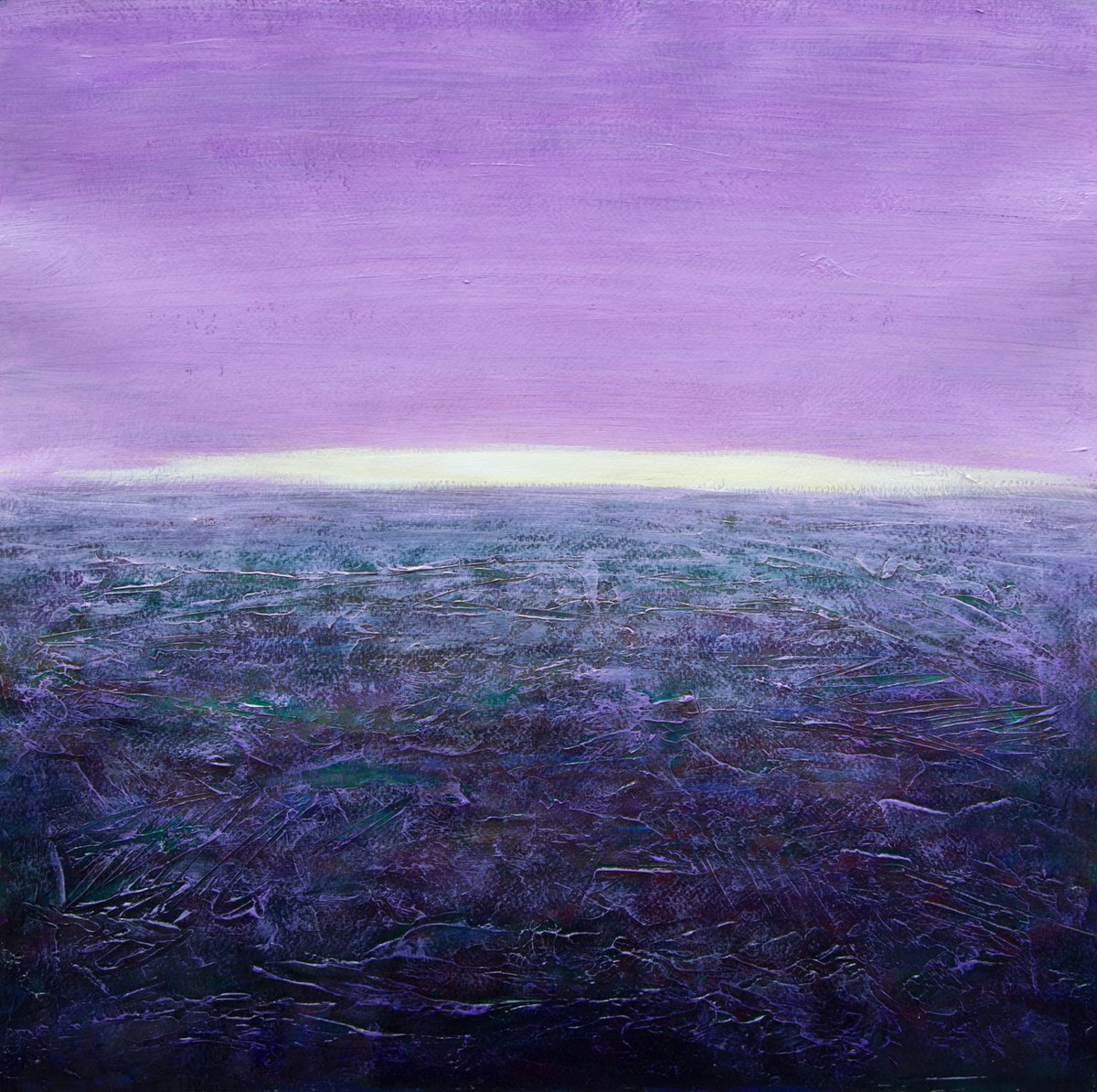 Abstract Landscape Acrylic Painting By Fabienne Monestier, 19 X 19, Seascape In Purple And Violet, Original Artwork