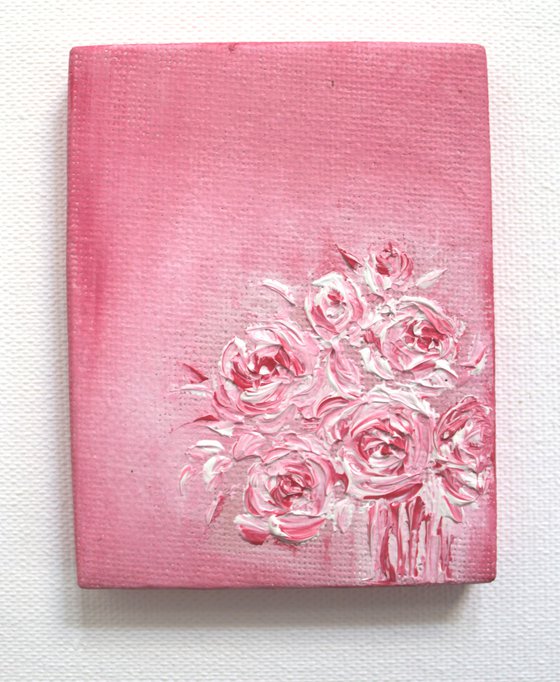 Cute floral pink roses vase - Still life oil painting on mini canvas - with easel - palette knife work for the roses