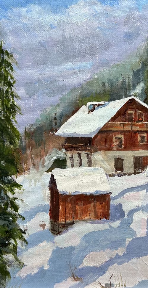 Alpine Chalet in snow by Toni Swiffen