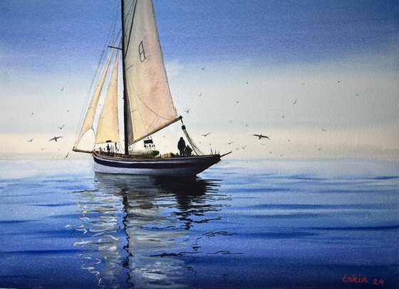 Sailboat on tranquil sea.