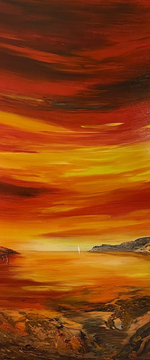 Abstract Red Sunset over Lulworth Cove by Marja Brown