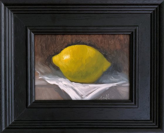 Lemon Still Life original oil realism painting, with wooden frame.