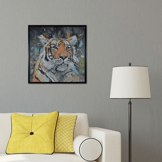 Expressive Tiger Painting, framed oil on board, 23.5" x 23.5"