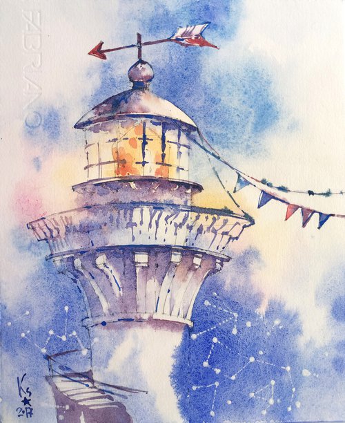 "Lighthouse on the background of the sunset sky" original watercolor by Ksenia Selianko