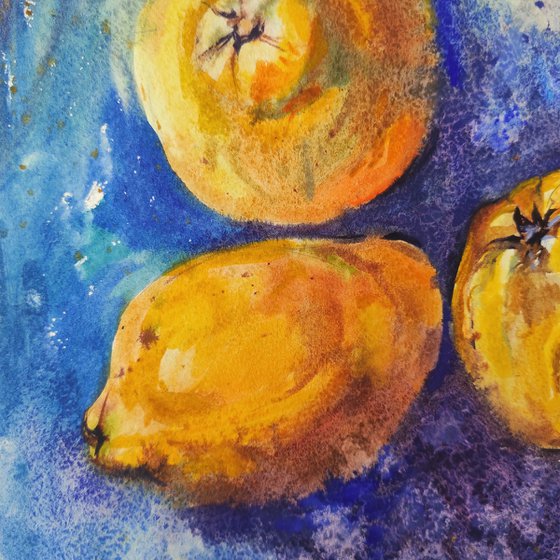 Quince - fruits art, watercolor, yellow and blue artwork