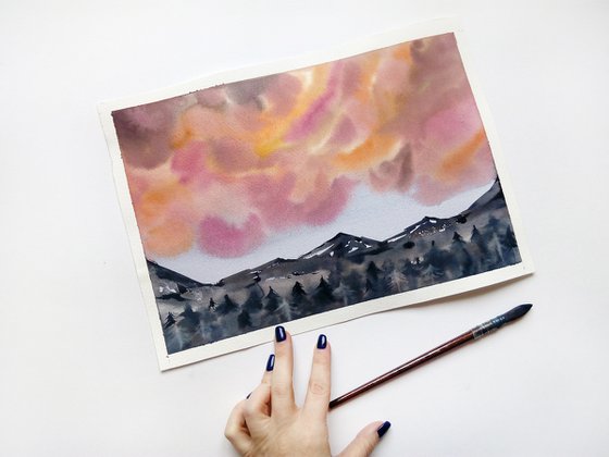 Mountain range art / Sunset clouds painting